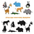 Find the correct shadow. Kids game. Zoo animals in cartoon style. Puzzle with black silhouette Royalty Free Stock Photo