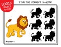 Find the correct shadow Lion. Task with answer. Cute cartoon Lion. Learning matching game for child with fun animal. Logic Games Royalty Free Stock Photo