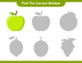 Find the correct shadow. Find and match the correct shadow of Apple. Educational children game, printable worksheet, vector Royalty Free Stock Photo