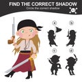 Shadow matching game. Educational game worksheet for children find the correct shadow silhouette of the pirate lady holding a gun.