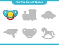 Find the correct shadow. Find and match the correct shadow of Pacifier. Educational children game, printable worksheet, vector Royalty Free Stock Photo