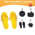 Matching shadow game worksheet for kids. Find the correct shadow of a sandal beach.