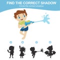 ummer theme find the correct shadow for kids. Find the shadow of a boy playing the water guns during the summertime.