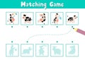 Find the correct shadow matching game with cute cows. Funny activity page for kids Royalty Free Stock Photo