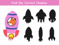 Find the correct shadow matching game with cute fox in a rocket. Space activity page