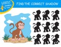 Find the correct shadow the Monkey. Cute cartoon Ape on colorful background. Education matching game for child with fun character