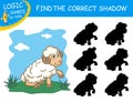 Find the correct shadow the Mutton. Cute cartoon Sheep on colorful background. Educational matching game for child