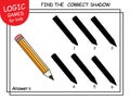 Find the correct shadow Pencil. Cute cartoon wooden pencil with rubber eraser. Shadow matching game for children. Logic Game