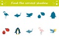 Find the correct shadow penguin, ladybug, parrot, flamingo, shark. Education worksheet. Matching game for kids. Puzzle for