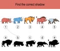 Find the correct shadow puzzle with animals living in tropics. Illustration can be used as logic game for children