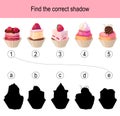 Find The Correct Shadow Puzzle With Different Sweet Cakes And Muffins. Illustration Can Be Used As Logic Game For Children
