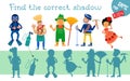 Find correct shadow. Puzzle game for children. Activity, vector illustration. Cute characters from different professions Royalty Free Stock Photo