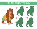 Find correct shadow. Puzzle game for children. Cute gorilla playing rugby. Vector cartoon illustration. Funny character.