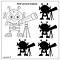 Find correct shadow. Puzzle Game for kids. Coloring Page Outline of cartoon little alien with telescope. Coloring book for