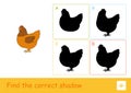 Find the correct shadow quiz learning children game with simple illustration of a staying chicken and four silhouettes