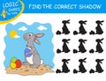 Find the correct shadow the Rabbit. Cute cartoon rabbit on sand isolated on colorful background. Educational matching game.