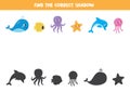 Sea animals shadow. Match pictures. Educational game for kids Royalty Free Stock Photo