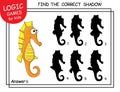 Find the correct shadow Seahorse. Cute cartoon Fish. Educational matching game with cartoon character. Logic Games for Kids