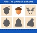 Find the correct shadows of acorn christmas. Searching and Matching game. Educational game for pre shool years kids and toddlers