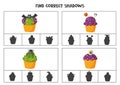 Find correct shadow of Halloween cupcakes. Printable clip card games for children.