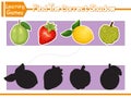 Find the correct shadows of cute cartoon fruits. Kids educational game. Vector Illustration. Character Cartoon Style