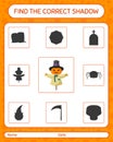 Find the correct shadows game with scarecrow. worksheet for preschool kids, kids activity sheet Royalty Free Stock Photo