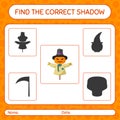 Find the correct shadows game with scarecrow. worksheet for preschool kids, kids activity sheet Royalty Free Stock Photo