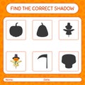 Find the correct shadows game with scarecrow. worksheet for preschool kids, kids activity sheet Royalty Free Stock Photo