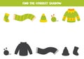 Find the correct shadows of green warm clothes. Logical puzzle for kids