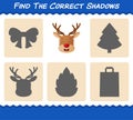 Find the correct shadows of reindeer. Searching and Matching game. Educational game for pre shool years kids and toddlers Royalty Free Stock Photo