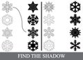 Find the correct shadows silhouettes of snowflakes. Royalty Free Stock Photo