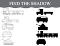 Find the correct shadows of transport, set. Color transport. Visual educational game.