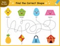 Find the correct shape mini game. Maze for kids. Learning shapes activity page