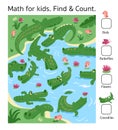 Find and count. Maths game for children. Puzzle for kids. Write numbers. Nature scene. Crocodiles in pond. Vector Royalty Free Stock Photo