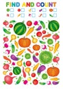 Find and count. Printable worksheet for kindergarten and preschool. Exercises for study numbers. Bright Vegetable harvest chili pe