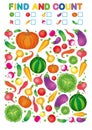 Find and count. Printable worksheet for kindergarten and preschool. Exercises for study numbers. Bright Vegetable harvest chili pe