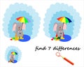 find the difference, a cartoon elephant stands under an umbrella. a game for children. vector