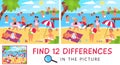 Find difference. 12 differences in picture with happy kids on beach. Paper game location for attention training, summer