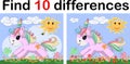 Find the difference the two funy little Unicorn. Children riddle entertainment. Sheet different toys construction equipment. Game