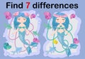 Find the difference the two illustration with sea mermaid. Children funny riddle entertainment.