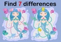 Find the difference the two illustration with sea mermaid. Children funny riddle entertainment Royalty Free Stock Photo