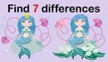 Find the difference the two illustration with sea mermaid. Children funny riddle entertainment. Royalty Free Stock Photo