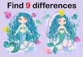 Find the difference the two illustration with sea mermaid. Children funny riddle entertainment.