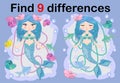 Find the difference the two illustration with sea mermaid. Children funny riddle entertainment. Royalty Free Stock Photo