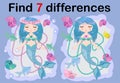 Find the difference the two illustration with sea mermaid. Children funny riddle entertainment. Royalty Free Stock Photo