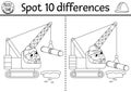 Find differences black and white game for children. Construction site educational activity with boy driver in crane lifting pipe. Royalty Free Stock Photo