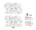 Find 8 differences. Black and white illustration of squirrels collecting acorns. Logic puzzle game for children and adults. Page