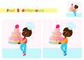 Find the differences. Boy chef carrying a huge cake on a tray in cartoon style. An educational game for children in elementary Royalty Free Stock Photo