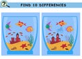 Find 10 differences. Cartoon aquarium with fish, stones, sea plant, castle. Educational logical game for children. Royalty Free Stock Photo
