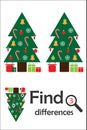 Find 3 differences, christmas game for children, xmas tree in cartoon style, education game for kids, preschool worksheet activity Royalty Free Stock Photo